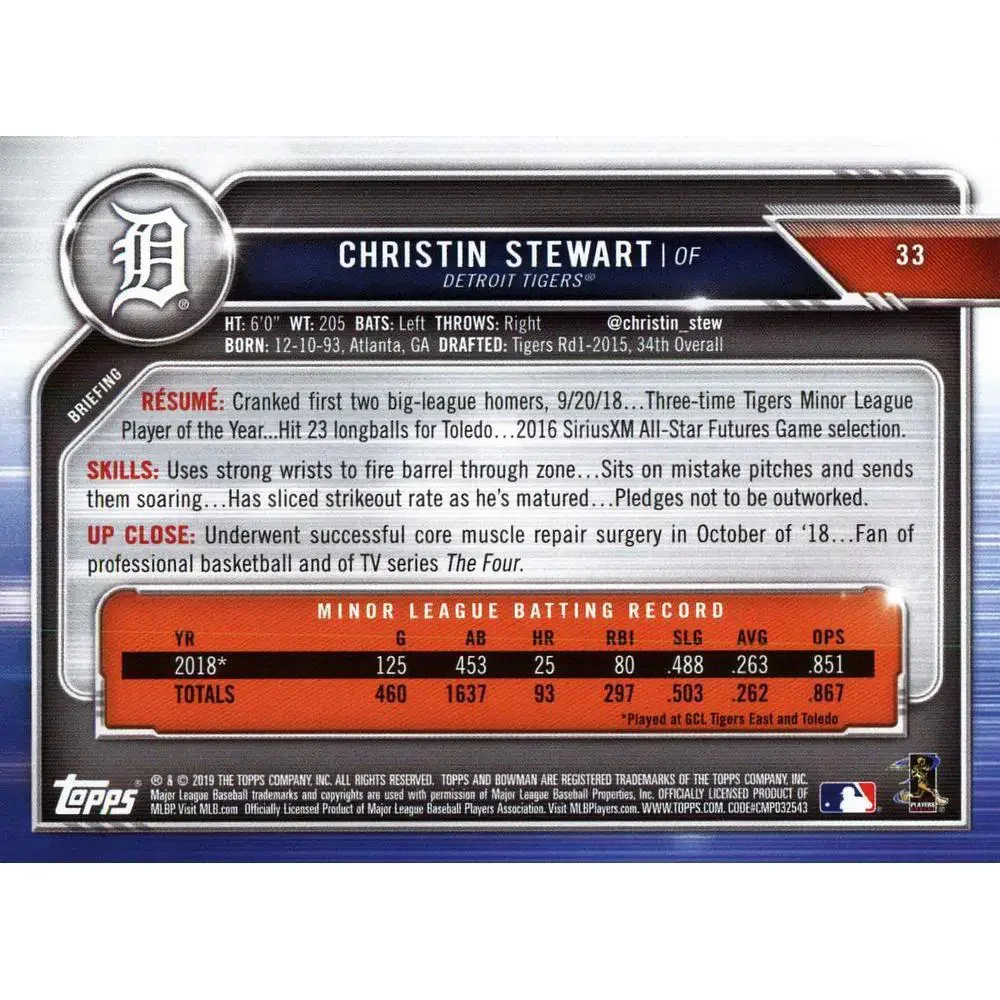 2019 Bowman Christin Stewart RC #33 Detroit Tigers
